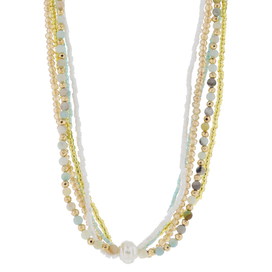 16" 5 Strand Coordinating Amazonite, Gold, Champagne, Soft Blue Beaded & Pearl Necklace, 3" Ext