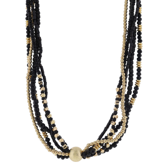 16" 5 Strand Coordinating Black & Gold Beaded with Chunky Center Textured Ball Necklace, 3" Ext