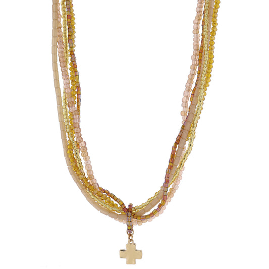 16" 5 Strand Coordinating, Topaz, Bronze, Gold Beaded with Beaded Ring & Cross Necklace, 3" Ext