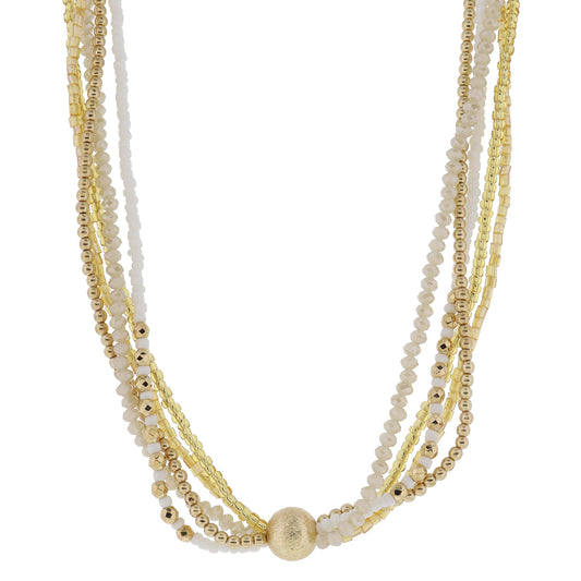 16" 5 Strand Coordinating Gold & White Beaded with Chunky Center Textured Ball Necklace, 3" Ext