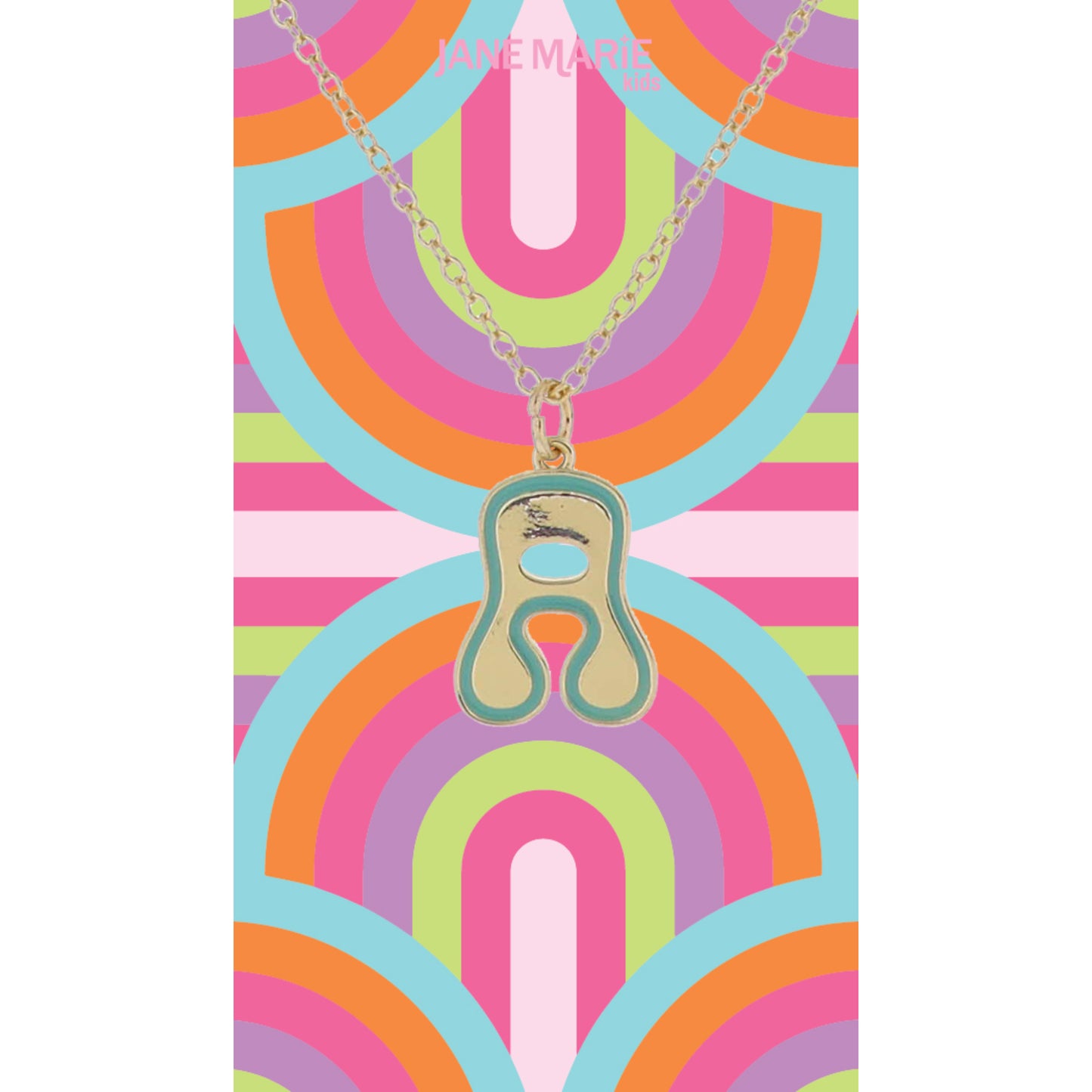 Kids Gold Retro Bubble "A" Initial with Turquoise Enamel Outline Necklace, 14"