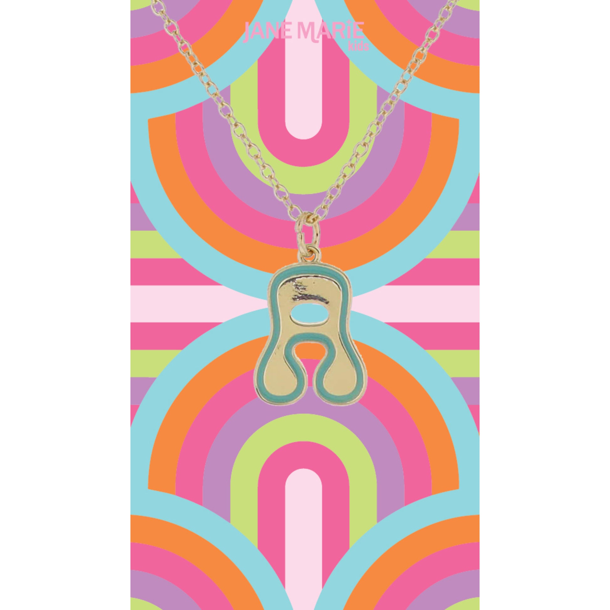 Kids Gold Retro Bubble "A" Initial with Turquoise Enamel Outline Necklace, 14"