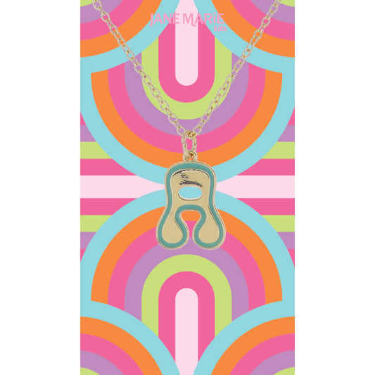 Kids Gold Retro Bubble "A" Initial with Turquoise Enamel Outline Necklace, 14"