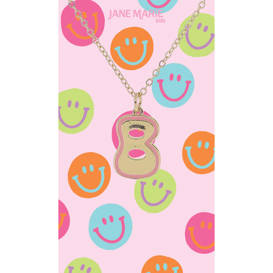 Kids Gold Retro Bubble "B" Initial with Light Pink Enamel Outline Necklace, 14"