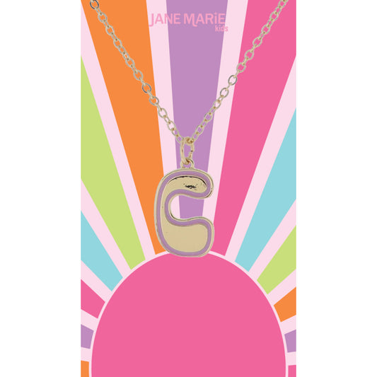 Kids Gold Retro Bubble "C" Initial with Lavender Enamel Outline Necklace, 14"