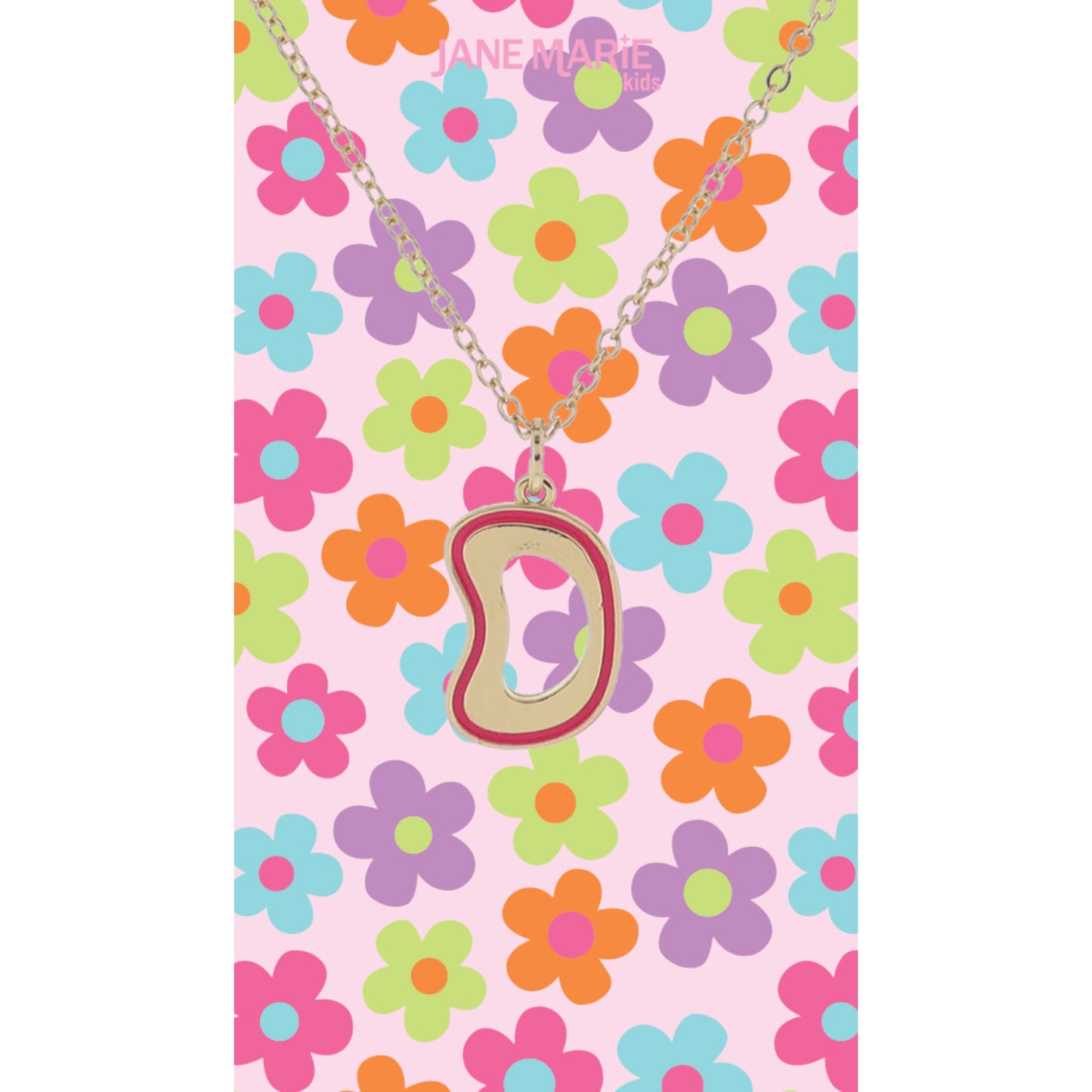 Kids Gold Retro Bubble "D" Initial with Hot Pink Enamel Outline Necklace, 14"