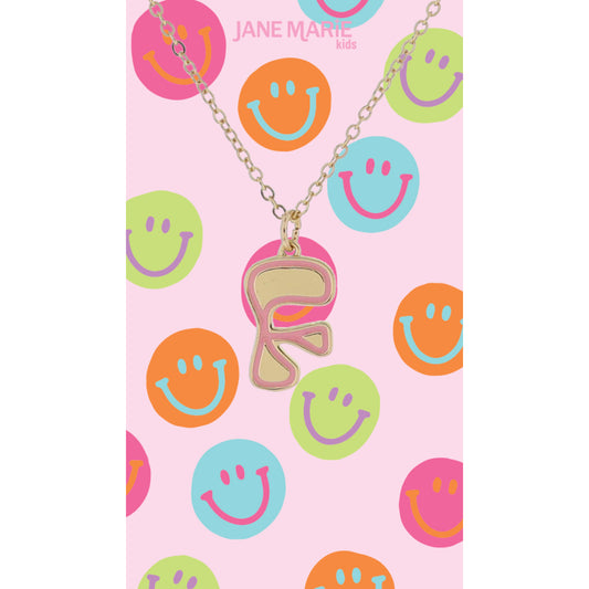 Kids Gold Retro Bubble "F" Initial with Light Pink Enamel Outline Necklace, 14"