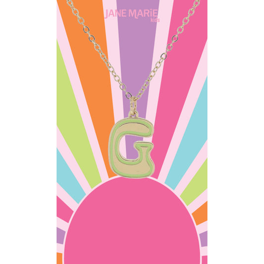 Kids Gold Retro Bubble "G" Initial with Lime Enamel Outline Necklace, 14"