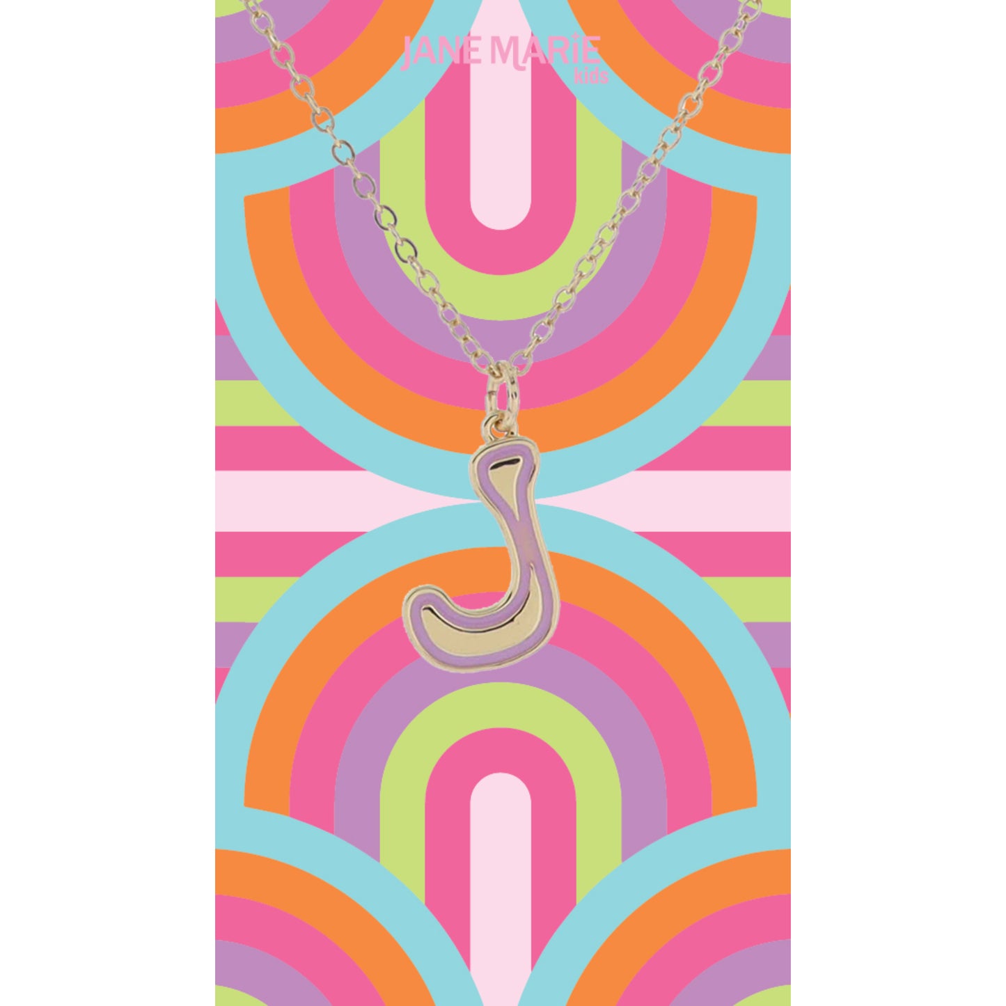 Kids Gold Retro Bubble "J" Initial with Light Pink Enamel Outline Necklace, 14"