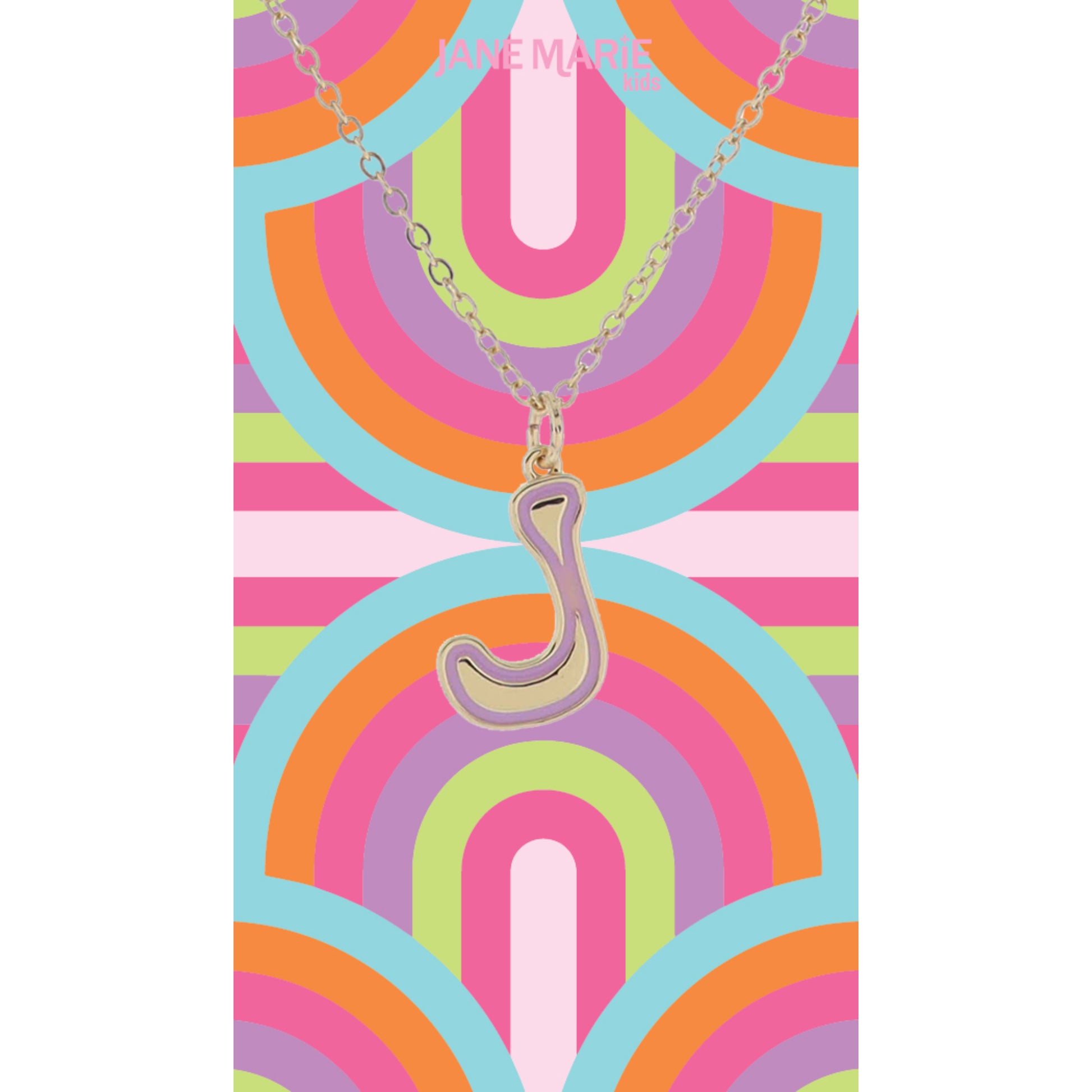Kids Gold Retro Bubble "J" Initial with Light Pink Enamel Outline Necklace, 14"