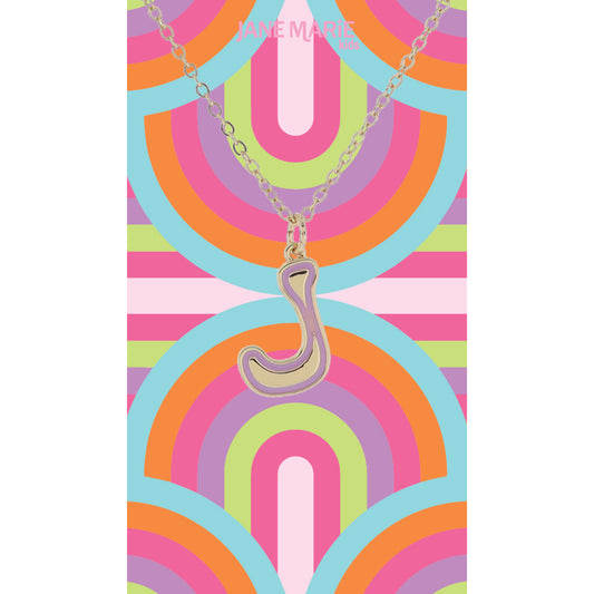 Kids Gold Retro Bubble "J" Initial with Light Pink Enamel Outline Necklace, 14"