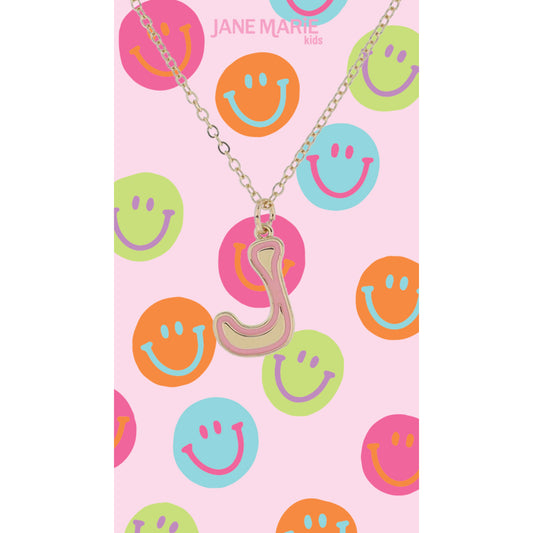 Kids Gold Retro Bubble "J" Initial with Lavender Enamel Outline Necklace, 14"
