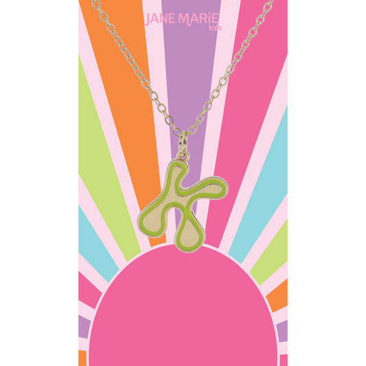 Kids Gold Retro Bubble "K" Initial with Hot Pink Enamel Outline Necklace, 14"