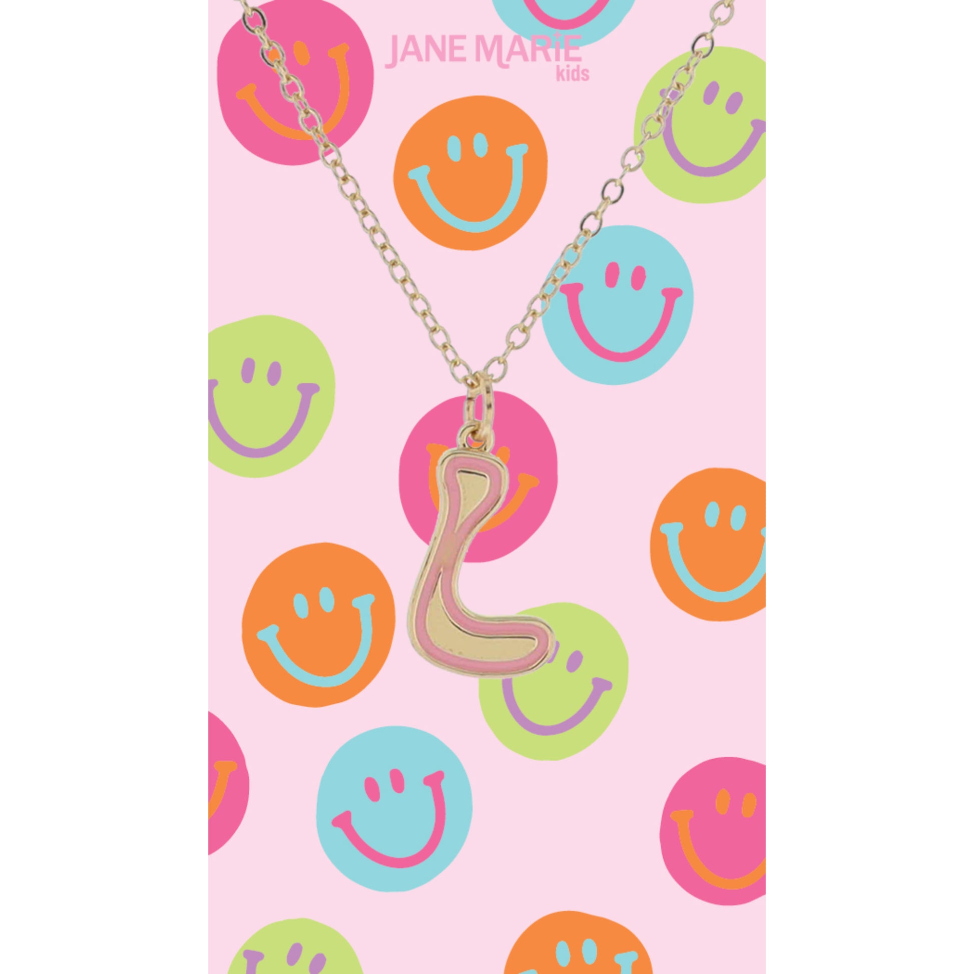 Kids Gold Retro Bubble "L" Initial with Light Pink Enamel Outline Necklace, 14"