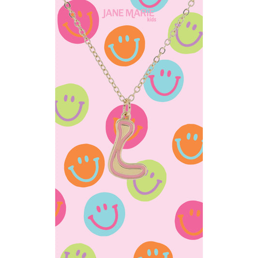 Kids Gold Retro Bubble "L" Initial with Light Pink Enamel Outline Necklace, 14"
