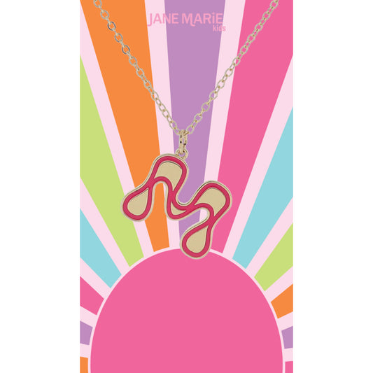 Kids Gold Retro Bubble "M" Initial with Hot Pink Enamel Outline Necklace, 14"