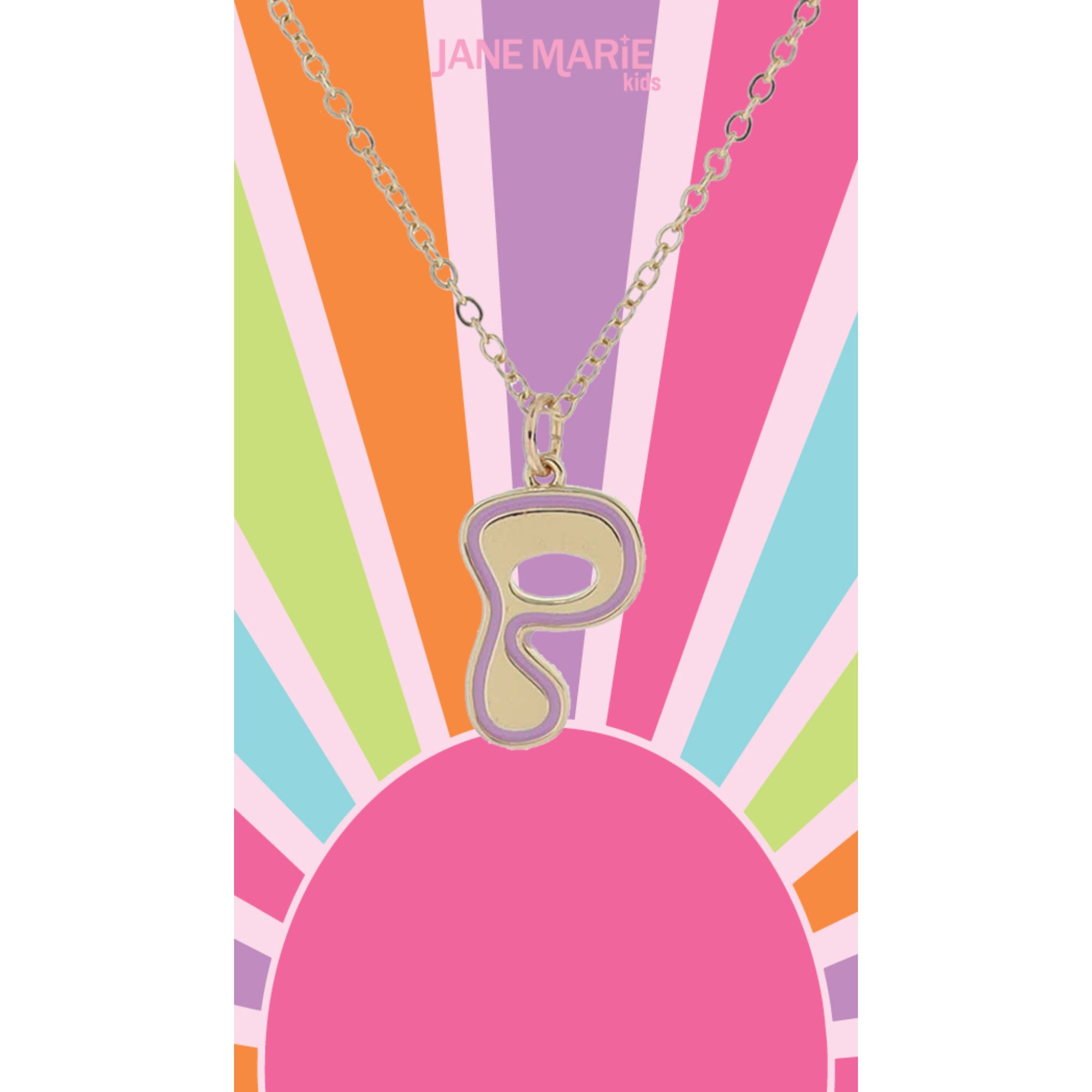 Kids Gold Retro Bubble "P" Initial with Lavender Enamel Outline Necklace, 14"
