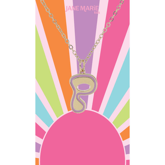 Kids Gold Retro Bubble "P" Initial with Lavender Enamel Outline Necklace, 14"