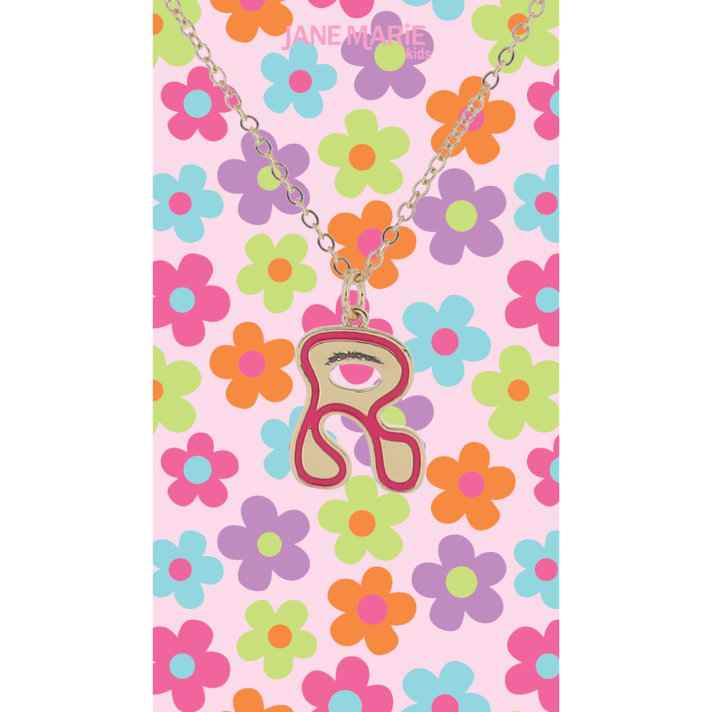 Kids Gold Retro Bubble "R" Initial with Hot Pink Enamel Outline Necklace, 14"