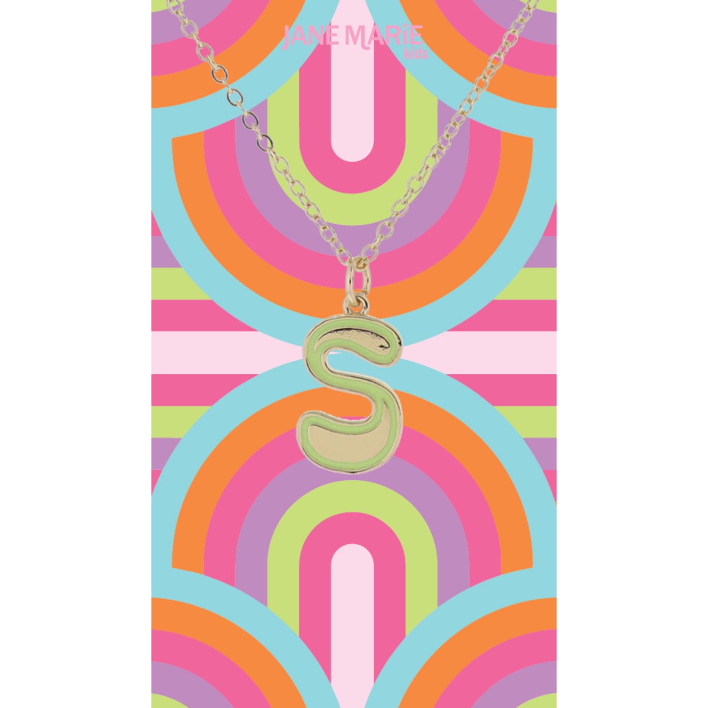 Kids Gold Retro Bubble "S" Initial with Light Pink Enamel Outline Necklace, 14"