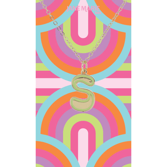 Kids Gold Retro Bubble "S" Initial with Light Pink Enamel Outline Necklace, 14"