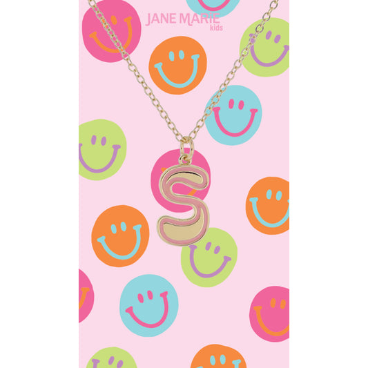 Kids Gold Retro Bubble "S" Initial with Lime Enamel Outline Necklace, 14"
