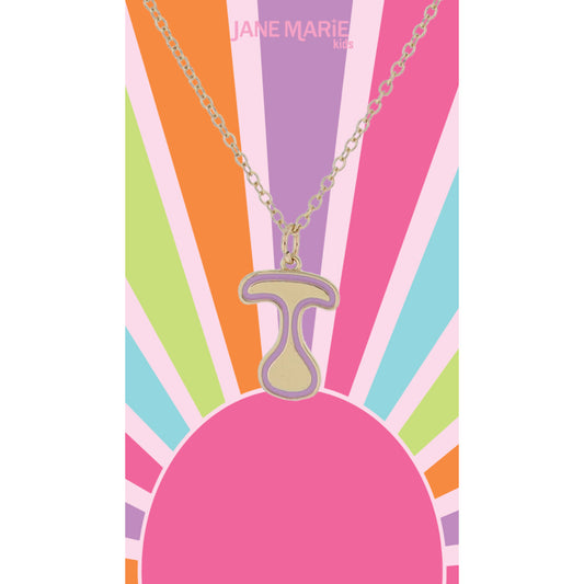 Kids Gold Retro Bubble "T" Initial with Lavender Enamel Outline Necklace, 14"