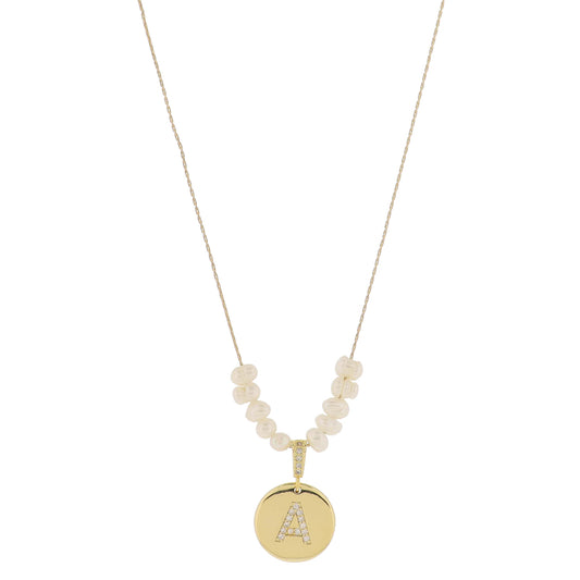 Small Freshwater Pearls and Pave Crystal Loop with Pave Crystal "A" Initial Gold Disc Adj. Necklace