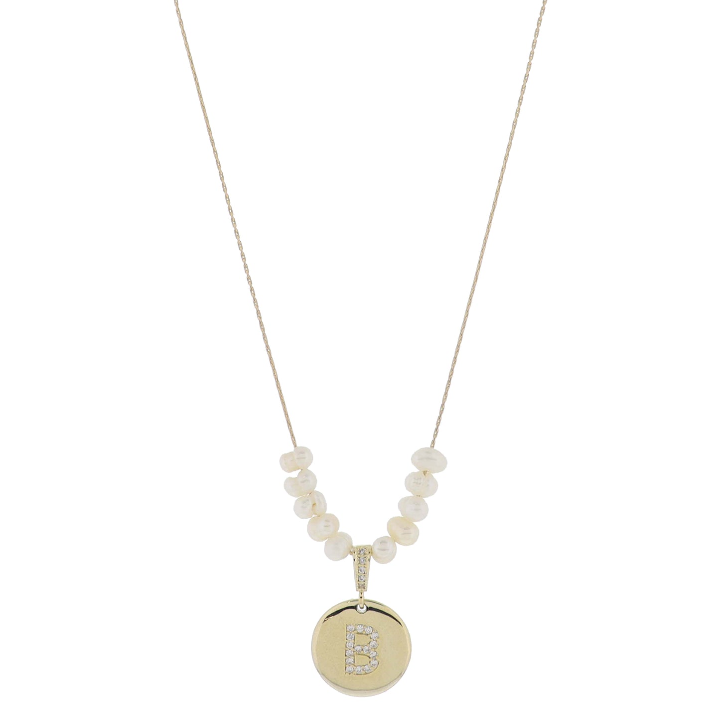 Small Freshwater Pearls and Pave Crystal Loop with Pave Crystal "B" Initial Gold Disc Adj. Necklace