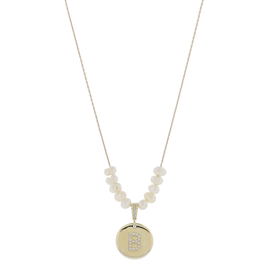 Small Freshwater Pearls and Pave Crystal Loop with Pave Crystal "B" Initial Gold Disc Adj. Necklace
