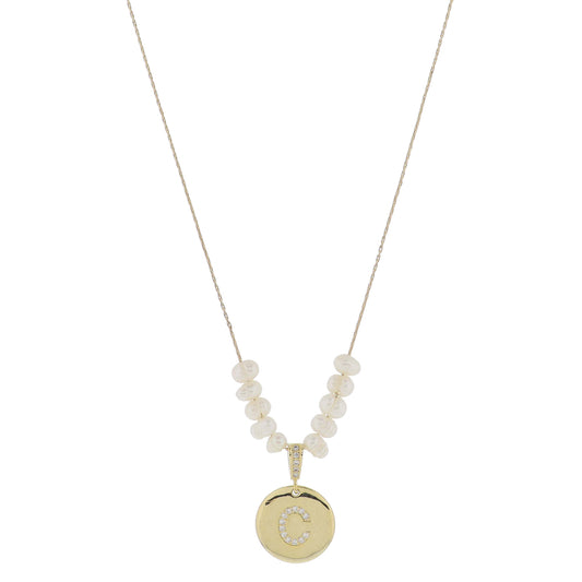 Small Freshwater Pearls and Pave Crystal Loop with Pave Crystal "C" Initial Gold Disc Adj. Necklace
