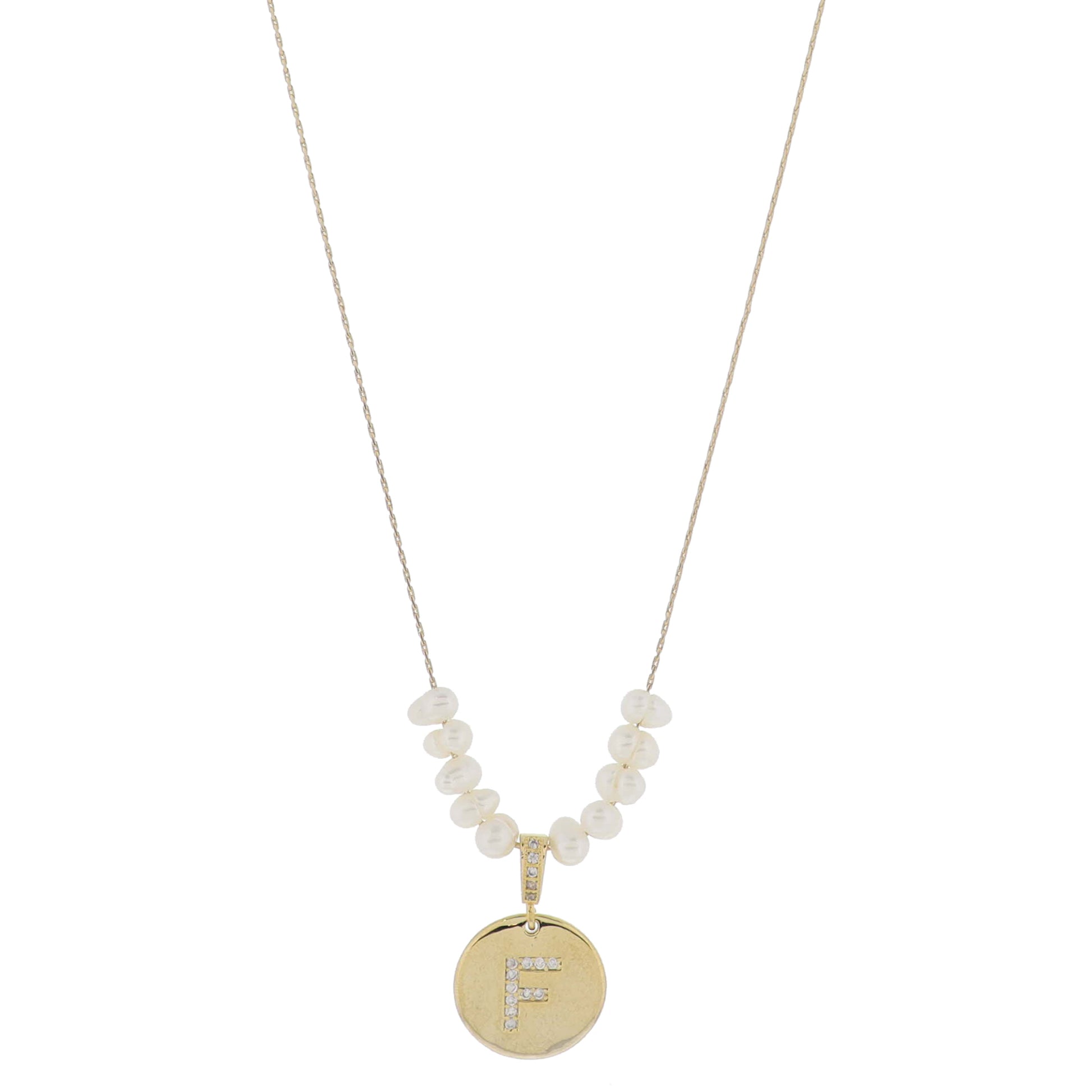 Small Freshwater Pearls and Pave Crystal Loop with Pave Crystal "F" Initial Gold Disc Adj. Necklace