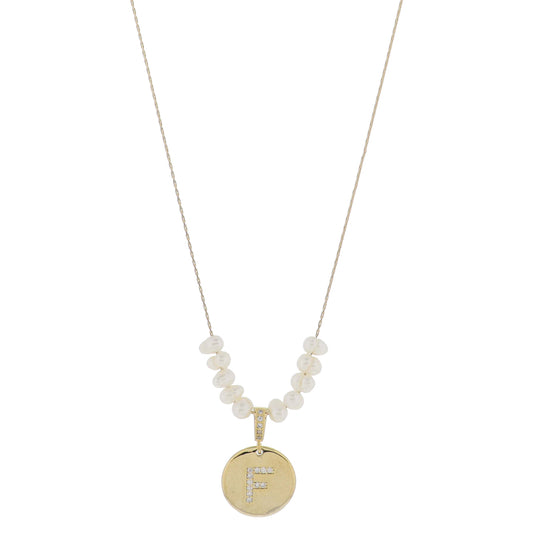 Small Freshwater Pearls and Pave Crystal Loop with Pave Crystal "F" Initial Gold Disc Adj. Necklace