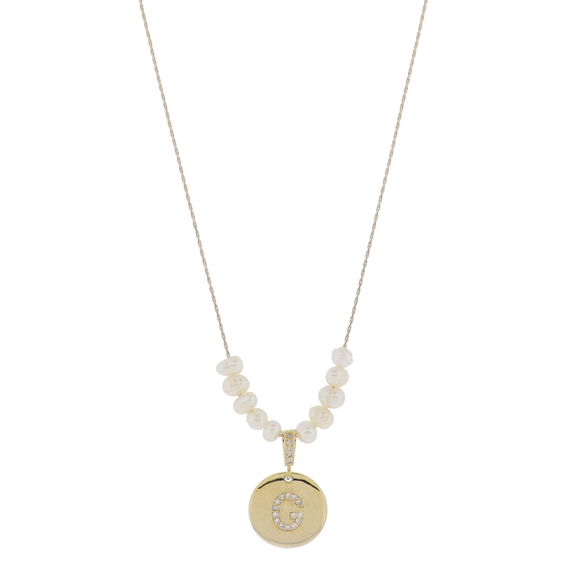 Small Freshwater Pearls and Pave Crystal Loop with Pave Crystal "G" Initial Gold Disc Adj. Necklace