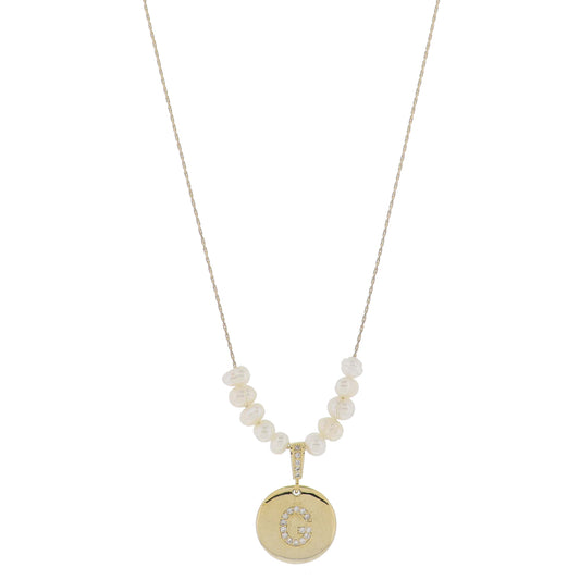 Small Freshwater Pearls and Pave Crystal Loop with Pave Crystal "G" Initial Gold Disc Adj. Necklace