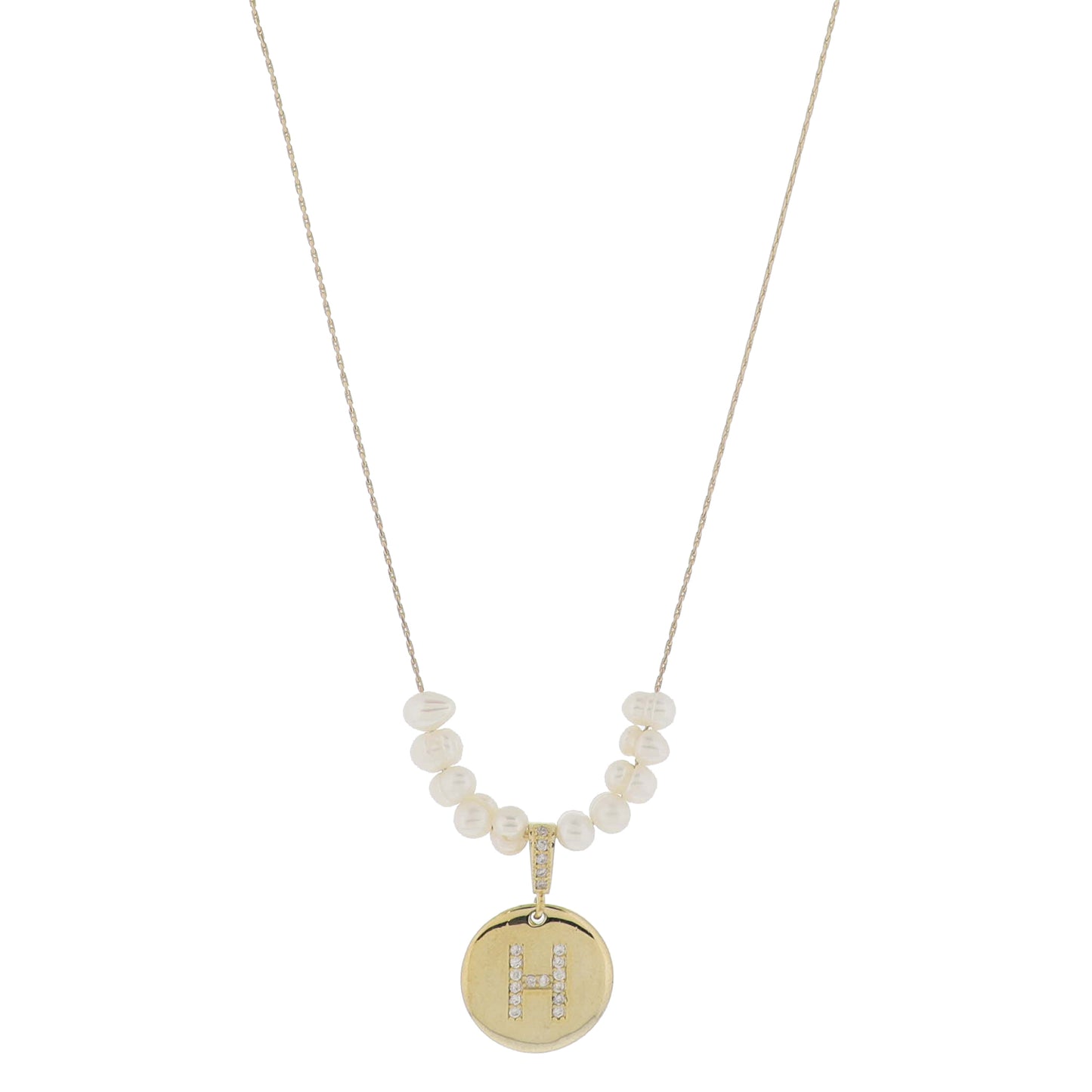 Small Freshwater Pearls and Pave Crystal Loop with Pave Crystal "H" Initial Gold Disc Adj. Necklace