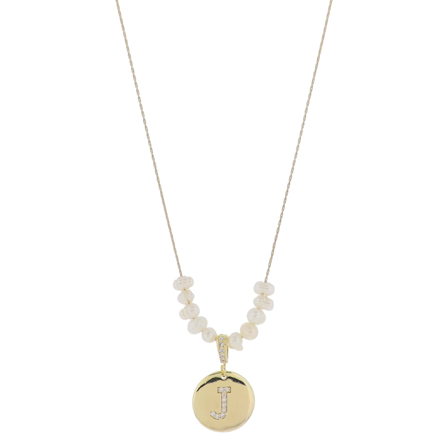 Small Freshwater Pearls and Pave Crystal Loop with Pave Crystal "J" Initial Gold Disc Adj. Necklace