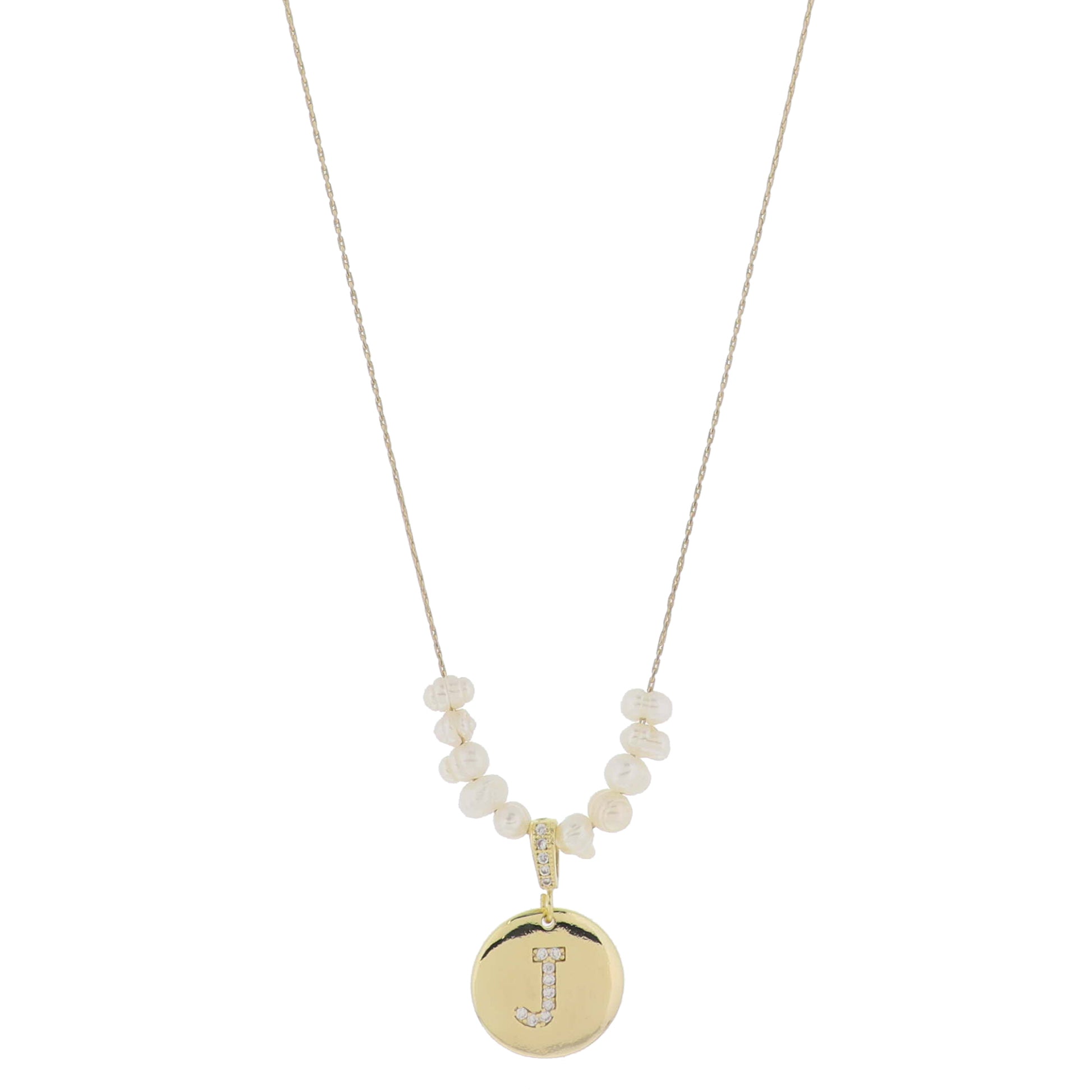 Small Freshwater Pearls and Pave Crystal Loop with Pave Crystal "J" Initial Gold Disc Adj. Necklace