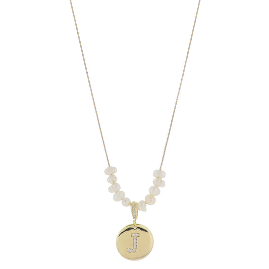 Small Freshwater Pearls and Pave Crystal Loop with Pave Crystal "J" Initial Gold Disc Adj. Necklace