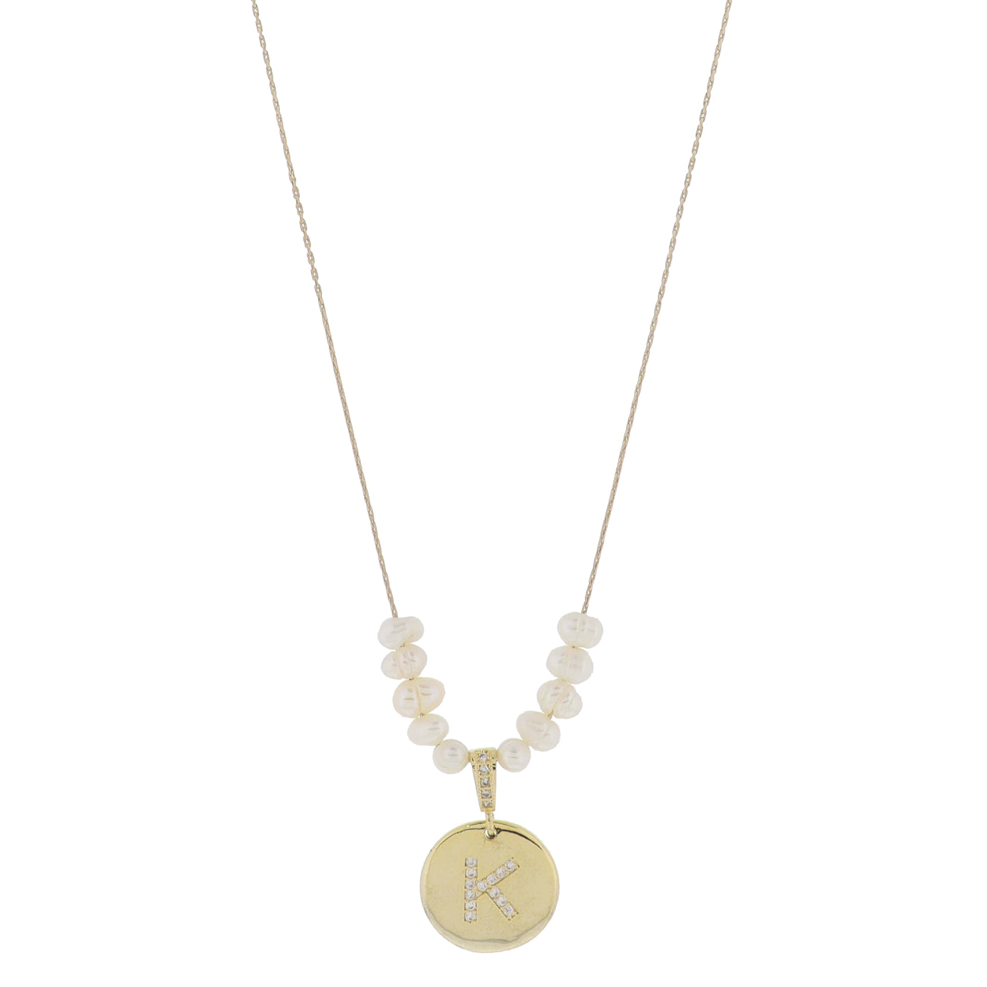 Small Freshwater Pearls and Pave Crystal Loop with Pave Crystal "K" Initial Gold Disc Adj. Necklace