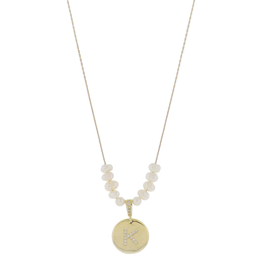 Small Freshwater Pearls and Pave Crystal Loop with Pave Crystal "K" Initial Gold Disc Adj. Necklace