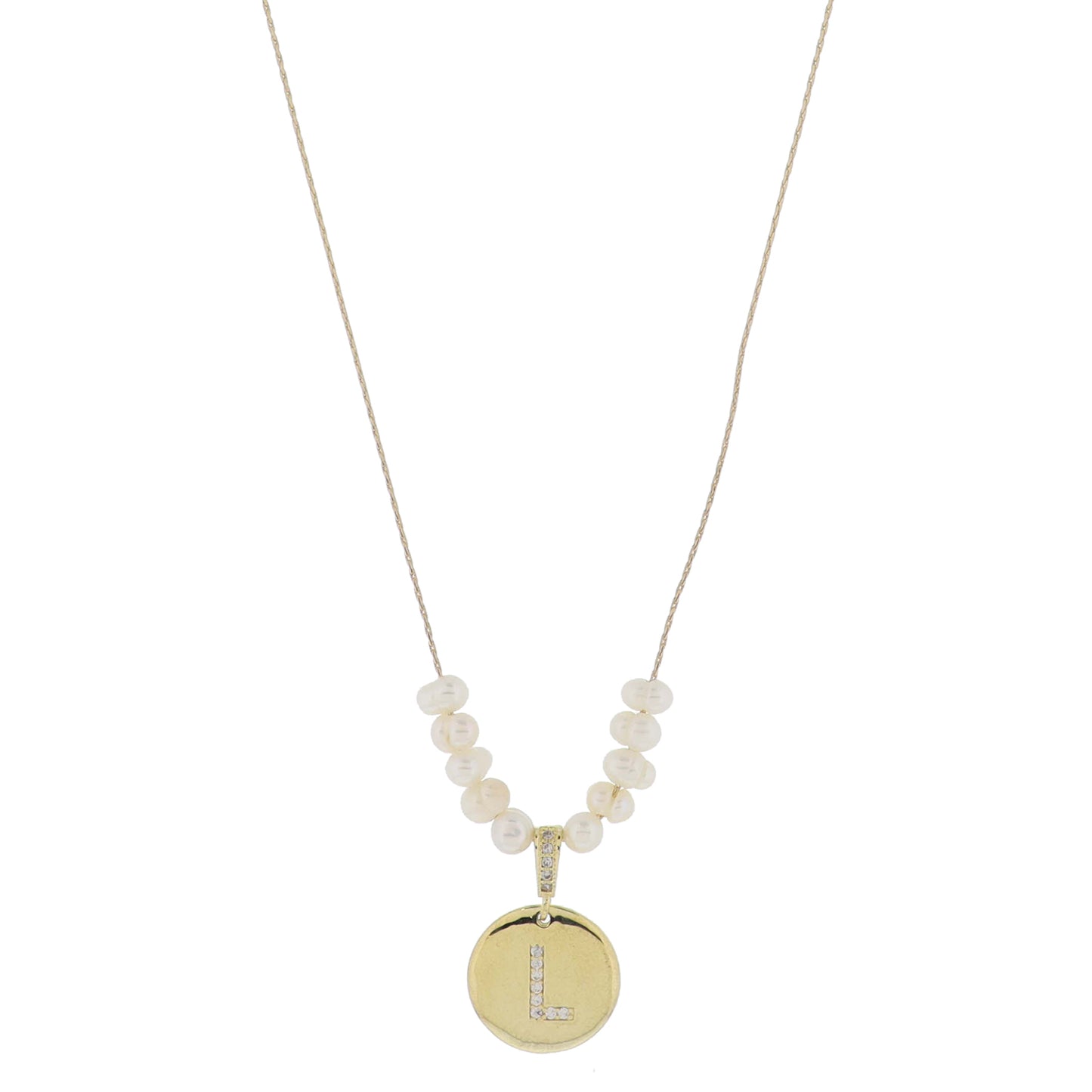 Small Freshwater Pearls and Pave Crystal Loop with Pave Crystal "L" Initial Gold Disc Adj. Necklace