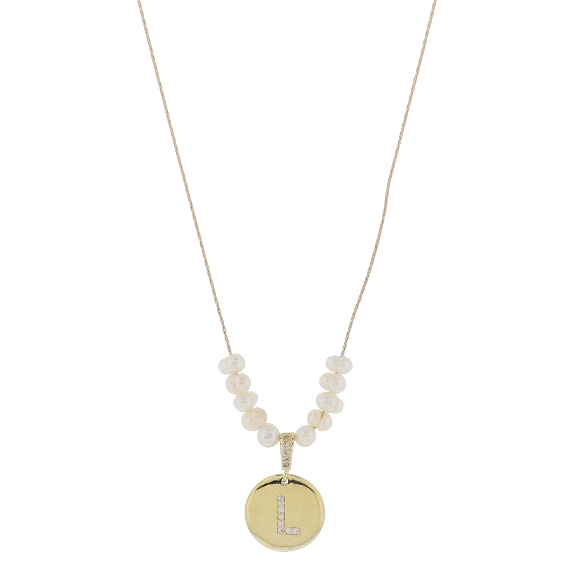 Small Freshwater Pearls and Pave Crystal Loop with Pave Crystal "L" Initial Gold Disc Adj. Necklace
