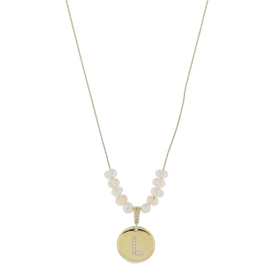Small Freshwater Pearls and Pave Crystal Loop with Pave Crystal "L" Initial Gold Disc Adj. Necklace
