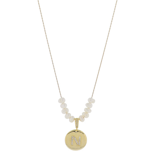 Small Freshwater Pearls and Pave Crystal Loop with Pave Crystal "N" Initial Gold Disc Adj. Necklace