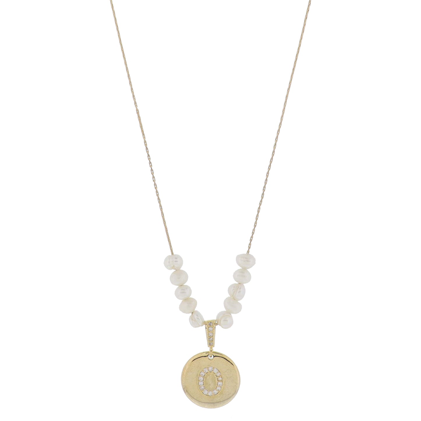 Small Freshwater Pearls and Pave Crystal Loop with Pave Crystal "O" Initial Gold Disc Adj. Necklace