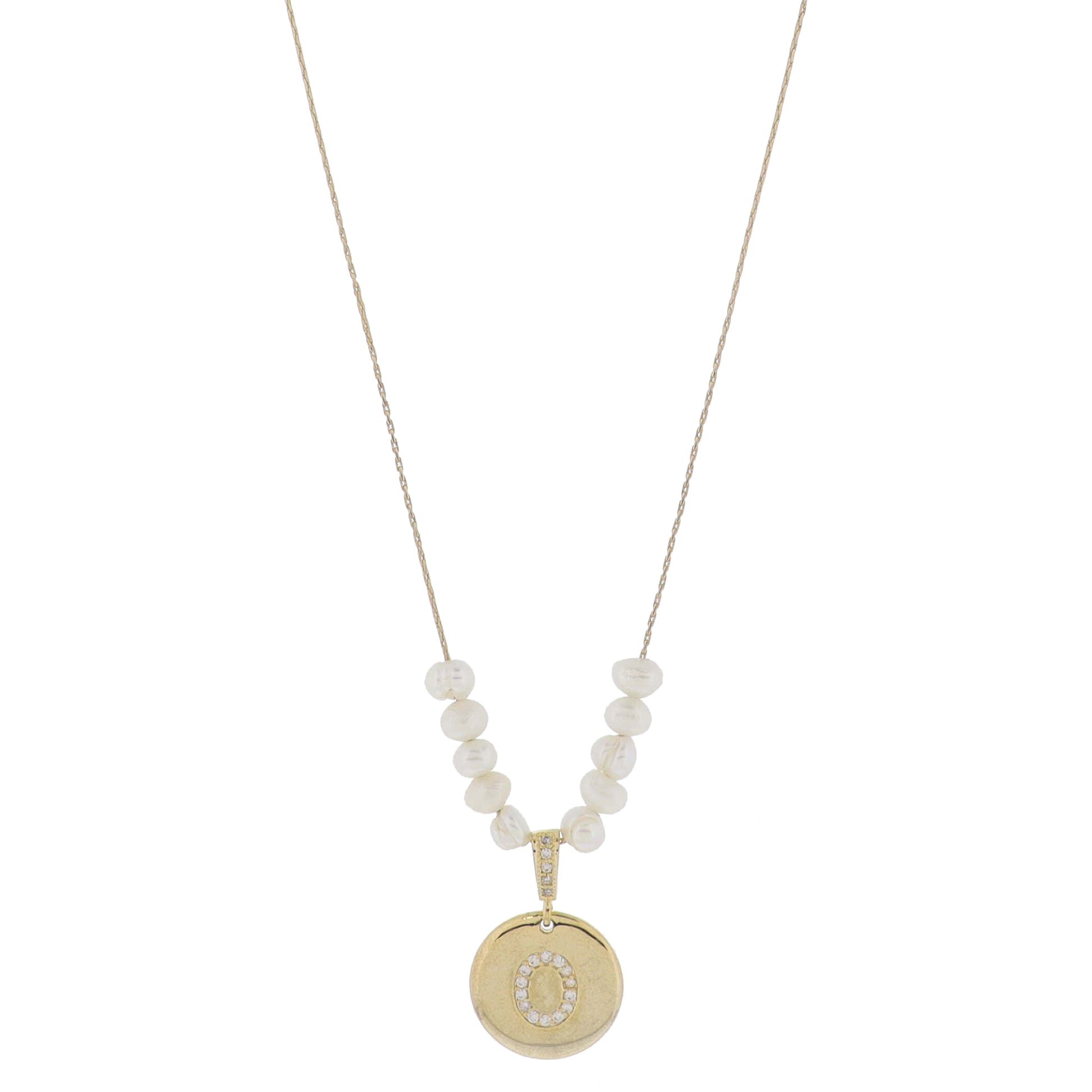 Small Freshwater Pearls and Pave Crystal Loop with Pave Crystal "O" Initial Gold Disc Adj. Necklace