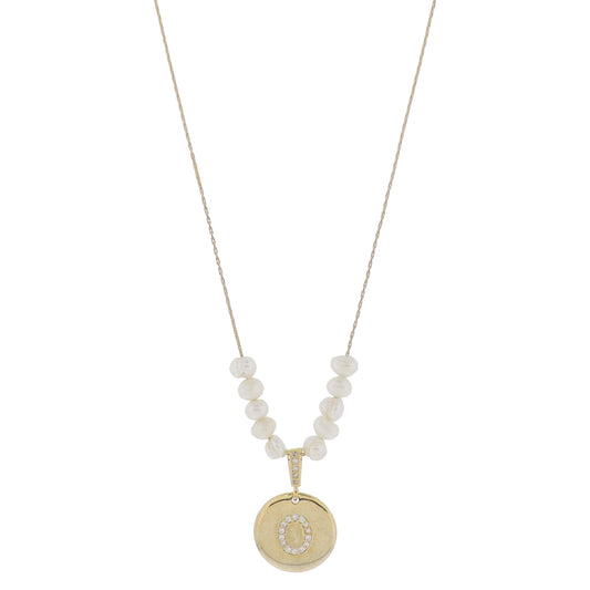 Small Freshwater Pearls and Pave Crystal Loop with Pave Crystal "O" Initial Gold Disc Adj. Necklace