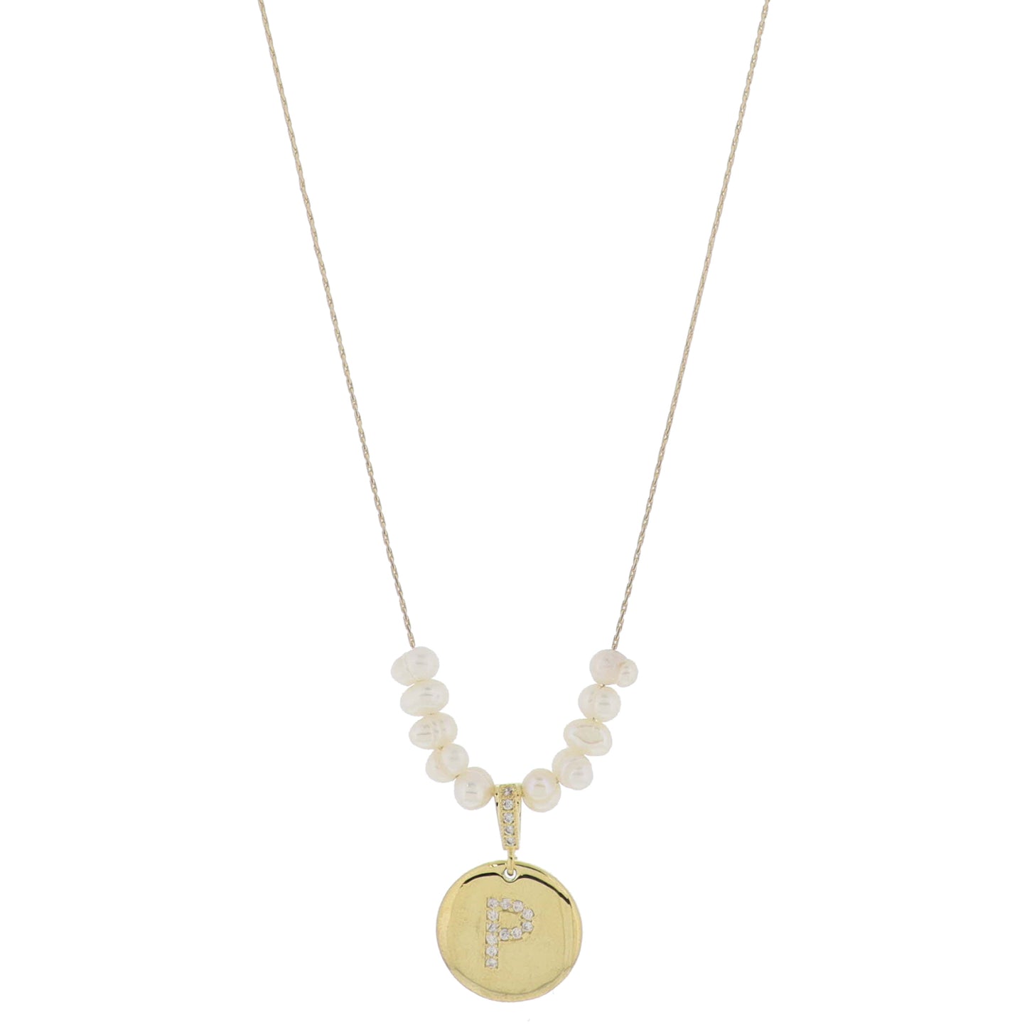 Small Freshwater Pearls and Pave Crystal Loop with Pave Crystal "P" Initial Gold Disc Adj. Necklace