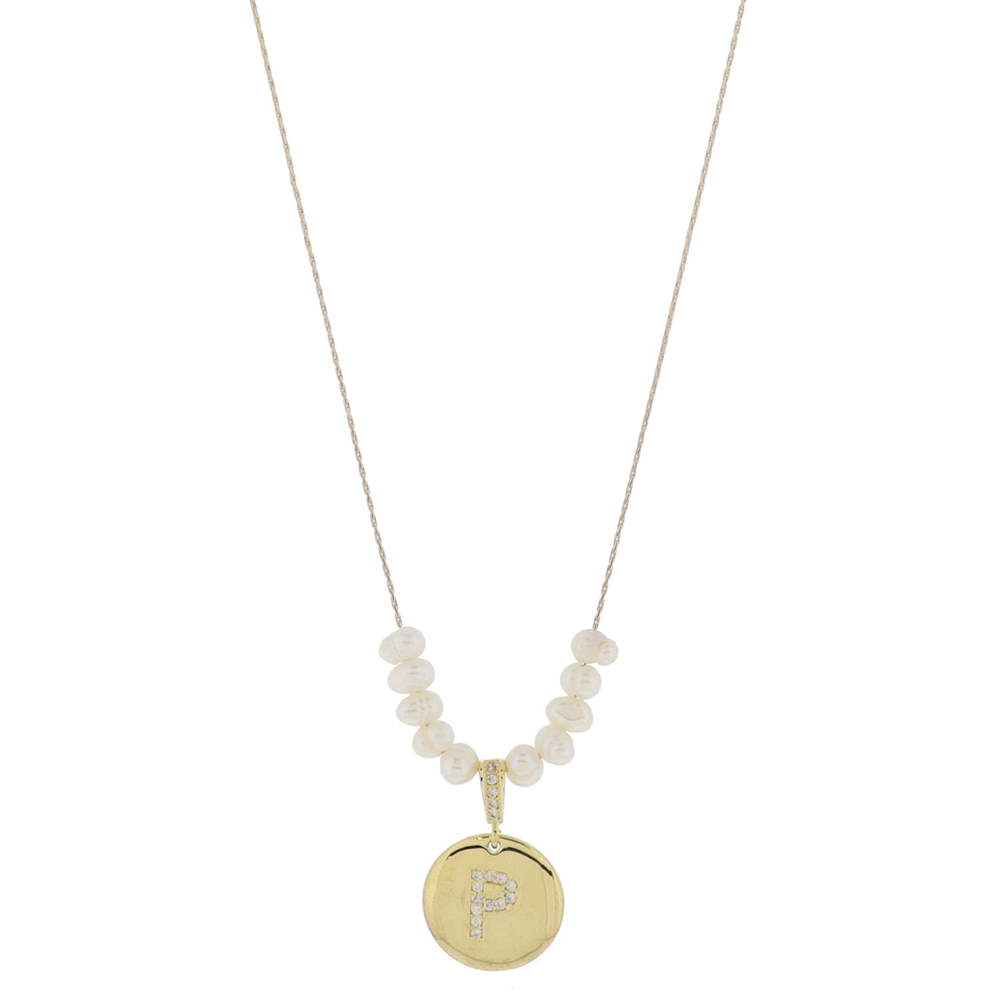Small Freshwater Pearls and Pave Crystal Loop with Pave Crystal "P" Initial Gold Disc Adj. Necklace